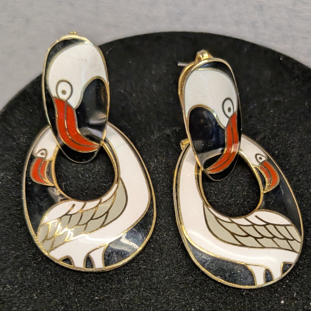 Reo Cloisonne Swan Motif Door Knocker Earrings Pierced
